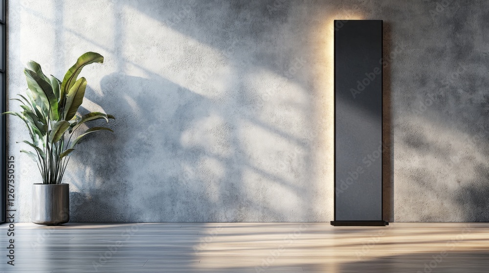 Poster light streams through a spacious room, illuminating a sleek door hanger mockup against a textured wa