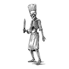 Obraz premium Skeleton Chef Holding Knife in Detailed Black and White Outline Line Art Drawing