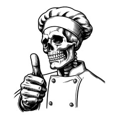 Skeleton Chef with Thumbs Up Detailed Black and White Outline Line Art Drawing Illustration