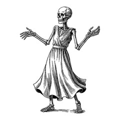 Dancing Skeleton with Dress Vintage Black and White Outline Line Art Drawing Engraving Style
