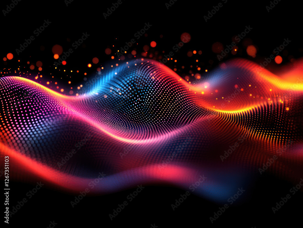 Poster an abstract digital wave consisting of many glowing dots, creating the effect of dynamic movement. 