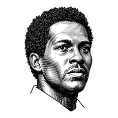 African Man Portrait in Detailed Black and White Outline Line Art Drawing with Curly Hair