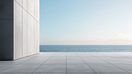 Fototapeta premium An empty concrete wall with blue sky. Empty concrete floor in gray wall. A rendering of the sea and sky in a plaza. A bare concrete wall beneath a blue lifestyle sky.