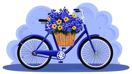 Fototapeta premium Charming Blue Bicycle with Flowers in Willow Basket on Light Background