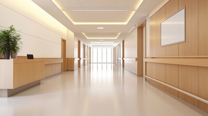 Fototapeta premium A modern hospital corridor featuring wooden panels, bright lighting, and a welcoming reception area.