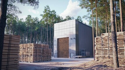 Obraz premium Modern lumber mill in pine forest, stacks of wood, daytime