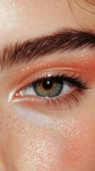Beautiful woman with glittery orange eyeshadow and perfect eyebrow shape