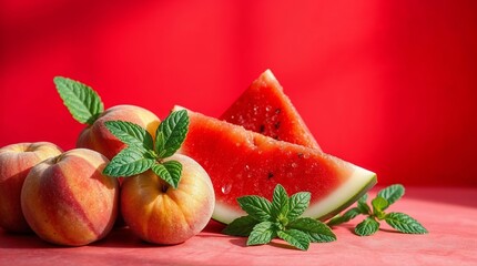 Fresh Summer Fruits &ndash; Juicy Watermelon, Ripe Peaches, and Mint Leaves on a Vibrant Red Background