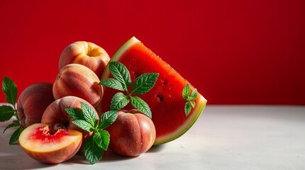 Fresh Summer Fruits &ndash; Juicy Watermelon, Ripe Peaches, and Mint Leaves on a Vibrant Red Background