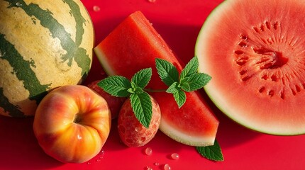 Fresh Summer Fruits &ndash; Juicy Watermelon, Ripe Peaches, and Mint Leaves on a Vibrant Red Background