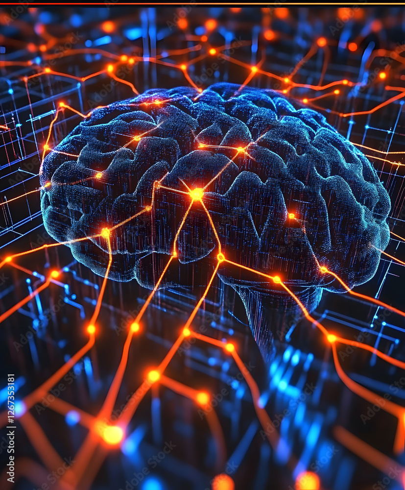 Poster A digital representation of a brain interconnected with vibrant neural pathways, symbolizing intelligence and technology