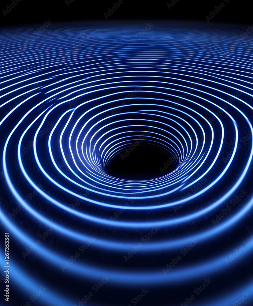 Poster a mesmerizing blue visualization of concentric waves leading to a central black void, evoking a sens