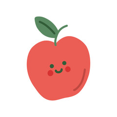 Cute red apple doodle style. Smile simple fruit for card, print, banner, poster, template. Cartoon funny character for children. Hand drawn illustration isolated on white background.