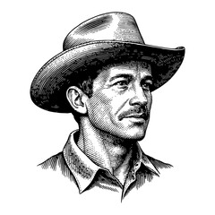 Cowboy Portrait with Hat in Black and White Detailed Outline Line Art Drawing Illustration