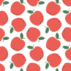 Cute red apple seamless pattern. Template for packaging, postcard, textile printing, wallpaper. Childish minimal print. Cartoon background. Hand drawn doodle illustration isolated on white.