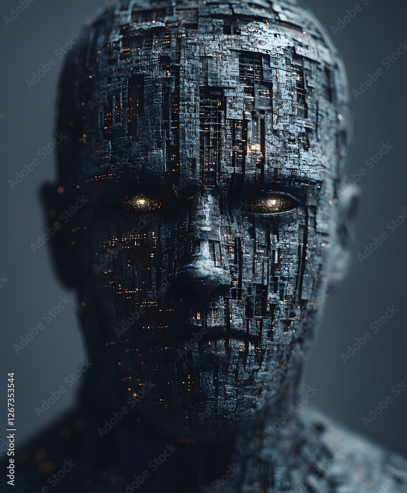Poster a dark, robotic figure with a textured surface and glowing eyes, representing a blend of technology 