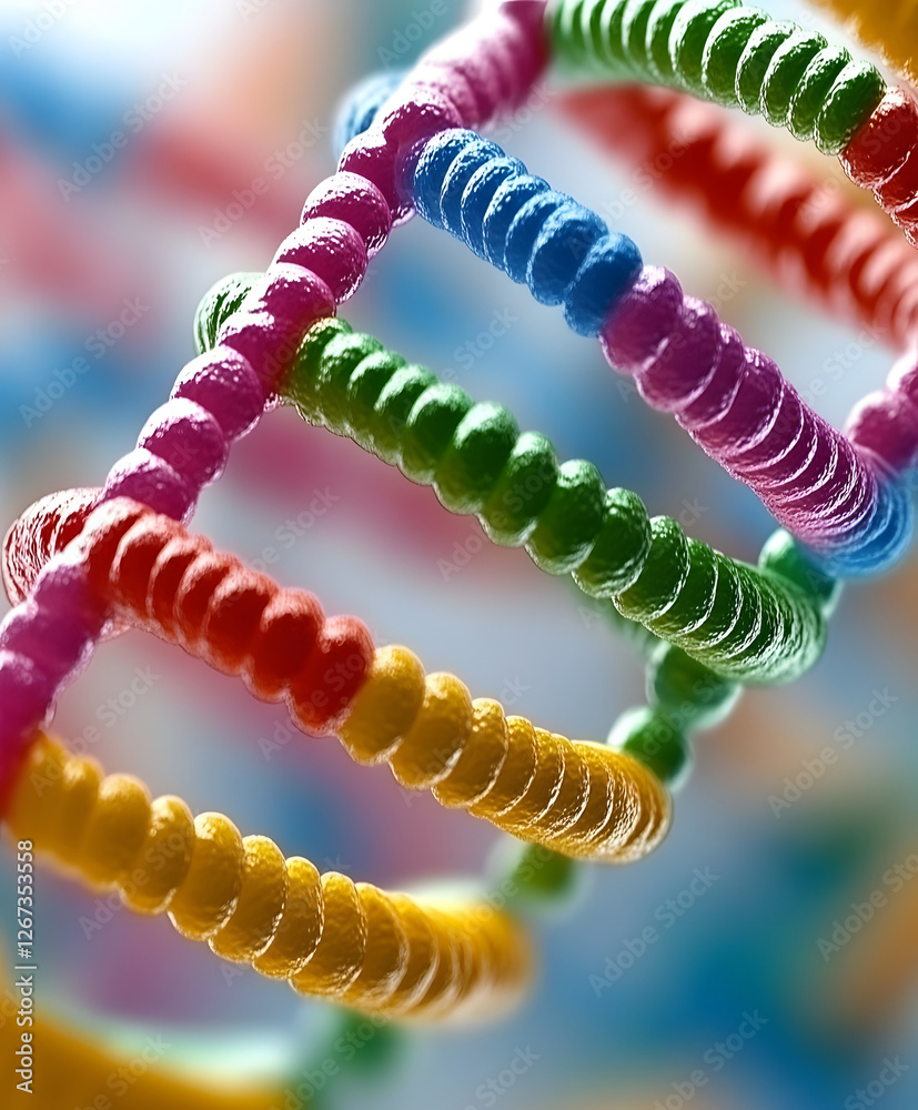 Poster a colorful depiction of a dna helix, showcasing vibrant rings that symbolize genetic structures and 