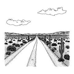 Obraz premium Desert Road Landscape with Cactus and Mountain Black and White Outline Line Art Drawing