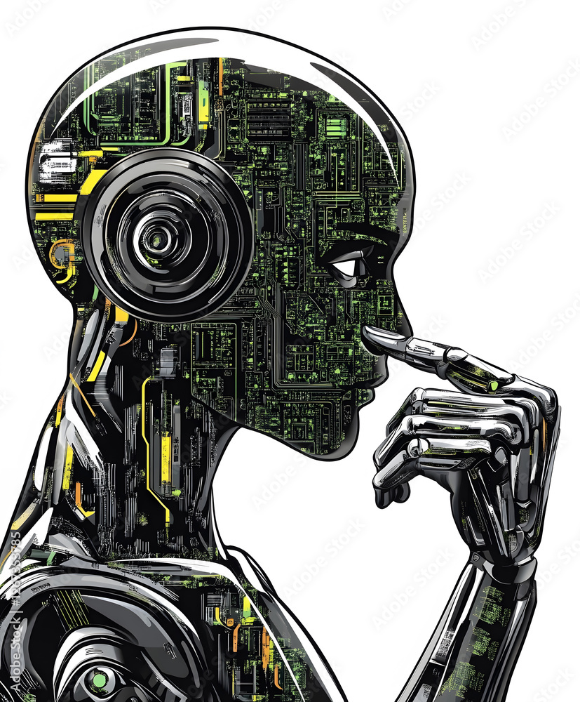 Poster a sleek, futuristic humanoid robot with circuit patterns, wearing headphones, appears deep in though