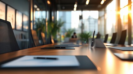 Conference table with a laptop and pen on it. Business development company growth. Management culture values innovation strategy. A meeting table featuring a laptop and a lifestyle pen.