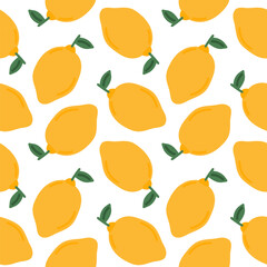 Cute yellow lemon seamless pattern. Template for packaging, postcard, textile printing, wallpaper. Childish minimal print. Cartoon background. Hand drawn doodle illustration isolated on white.