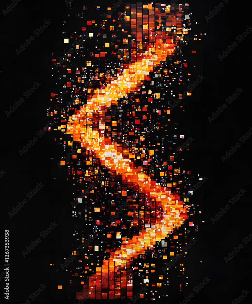 Poster A vibrant, abstract design featuring a zigzag pattern of glowing squares in warm colors against a dark background