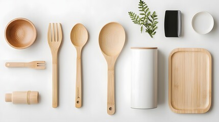 set of wooden kitchen utensils on a white background. The set includes a wooden spoon, fork, and bowl. The utensils are arranged in a row.