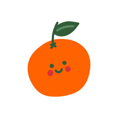 Cute orange doodle style. Smile simple orange fruit for card, print, banner, poster, template. Cartoon funny character for children. Hand drawn illustration isolated on white background.
