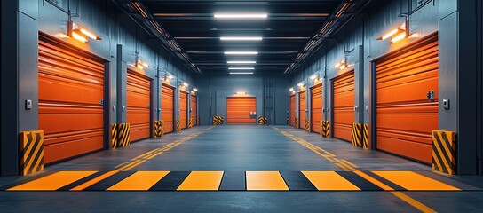 Fototapeta premium Exploring Modern Warehouse Interior: Orange Roll-up Doors, Bright Lighting, and Safety Stripes Design