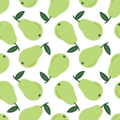Cute green pear seamless pattern. Template for packaging, postcard, textile printing, wallpaper. Childish minimal print. Cartoon background. Hand drawn doodle illustration isolated on white.