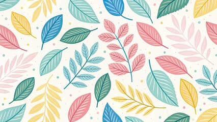 Obraz premium Colorful Botanical Leaf Pattern Illustration with Pastel Shades on a Light Background