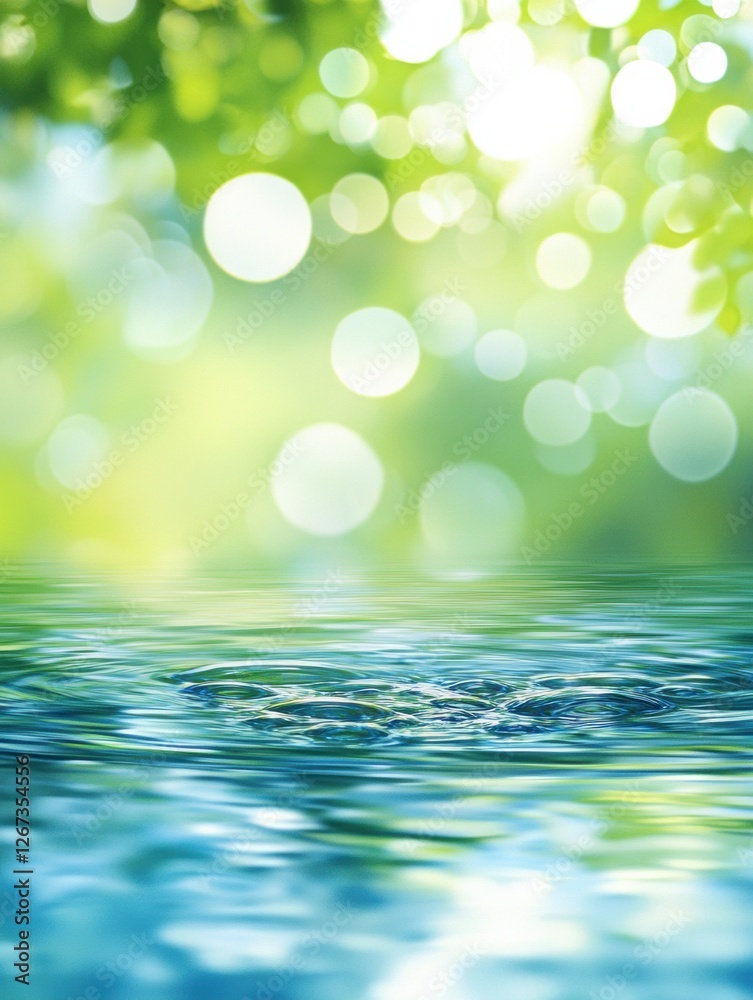 Poster Ripples form on a calm blue surface as soft sunlight filters through lush green foliage in a serene outdoor setting. Generative AI