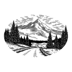 Obraz premium Mountain Road Landscape in Detailed Black and White Outline Line Art Drawing Illustration 