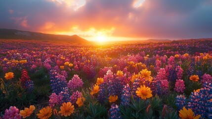 Fototapeta premium Sunset illuminates vibrant wildflowers in mountain meadow