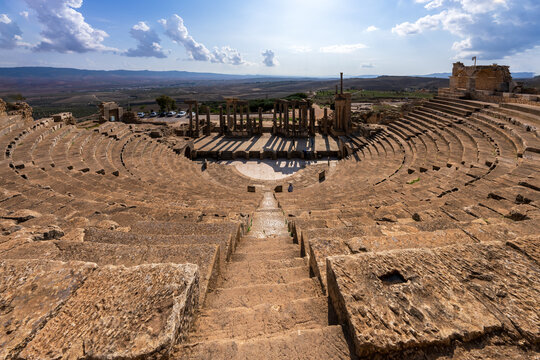 Dougga, the best-preserved Roman small town in North Africa, a world heritage site in Tunisia. Dougga Theater panorama