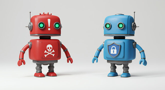 Cybersecurity Showdown: Red Hacker Robot vs. Blue Security Robot - Data Protection & Threat Alert! - Powered by Adobe