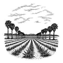 Fototapeta premium Panorama View of Oil Palm Plantation Black and White Outline Line Art Drawing Style