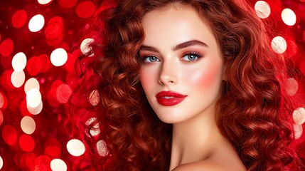 Fototapeta premium Glamour Portrait of a Woman with Red Curly Hair Glowing Skin and Red Lips on a Defocused Red Background