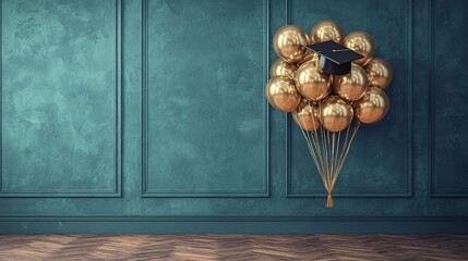 Gold balloons, graduation cap, teal wall.  Celebration, achievement, background