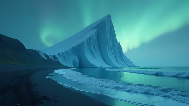 A majestic glacier shaped like a weeping deity stands on a black sand beach, its tears freezing into diamond chains that anchor it firmly. The sky above is painted with vibrant auroras humming forgott