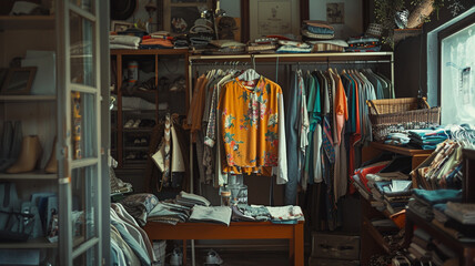 Obraz premium A shopper showcasing their vintage second-hand clothing haul, promoting slow fashion and sustainable shopping practices.