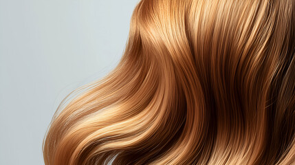 Fototapeta premium Hair, with a perfect and shiny wavy hairstyle, leaving space for a concept. Close-up of healthy, long, blonde female hair isolated on a light background. Hair care product advertisement banner design.