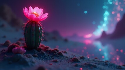 A vibrant, cyberpunk-inspired cactus blooms amidst a chaotic digital storm with neon hues and distorted code.