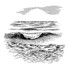 Sea Wave Artwork with Black and White Detailed Water Surface Outline Line Art Drawing © Reytr