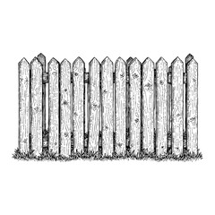 Wooden Fence with Grass in Black and White Detailed Rustic Outline Line Art Drawing