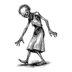 Fototapeta premium Zombie with Rotten and Bloody Body Dancing Black and White Outline Line Art Drawing Vector