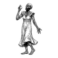 Scary Zombie Woman with Torn Dress in Detailed Black and White Outline Line Art Drawing