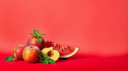 Refreshing summer fruit arrangement with juicy watermelon slices, ripe peaches, and fresh green mint leaves, set against a bold red background