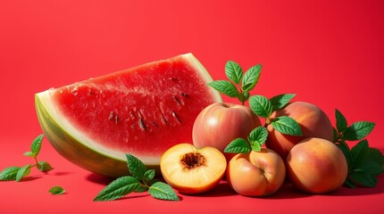 Refreshing summer fruit arrangement with juicy watermelon slices, ripe peaches, and fresh green mint leaves, set against a bold red background