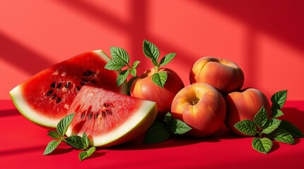 Refreshing summer fruit arrangement with juicy watermelon slices, ripe peaches, and fresh green mint leaves, set against a bold red background